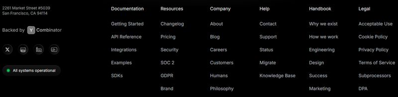 B2B company Resend's well-organized footer menu featuring comprehensive access to all site content