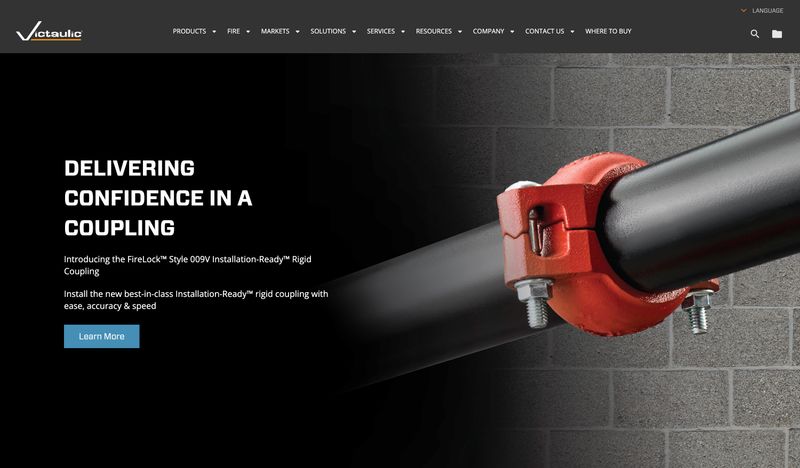 Homepage of Victaulic showing a clear, product-specific value proposition with bold typography and professional product photography of their pipe coupling system