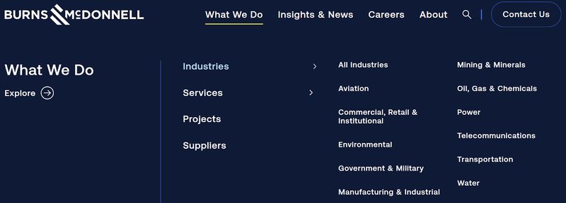 Burns and McDonnell's website navigation menu showing the "What We Do" tab broken down by industries, services, projects, and suppliers