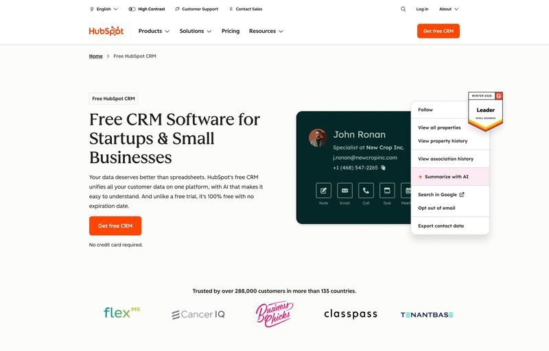 HubSpot CRM contact record showing unified contact management with action buttons and contact details