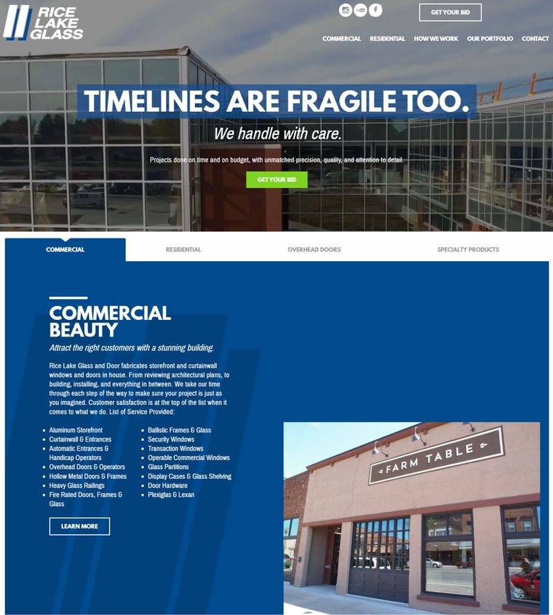 home page of B2B glass manufacturer Rice Lake Glass showing navigation that segments visitors according to their needs (commercial versus residential)