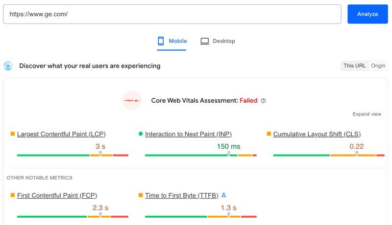 General Electric's failed Core Web Vitals Assessment via Google's PageSpeed Insights tool
