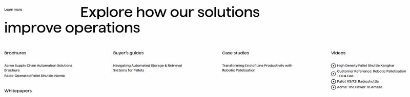 links to trust building content like brochures and case studies at the bottom of Acme's "Pallet Handling" solutions web page