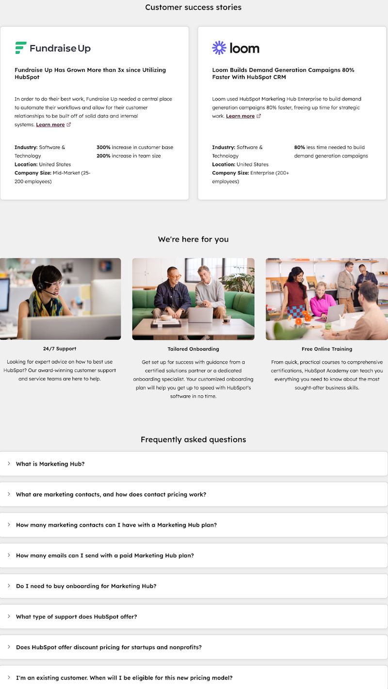 customer success stories on HubSpot's Marketing Hub pricing page