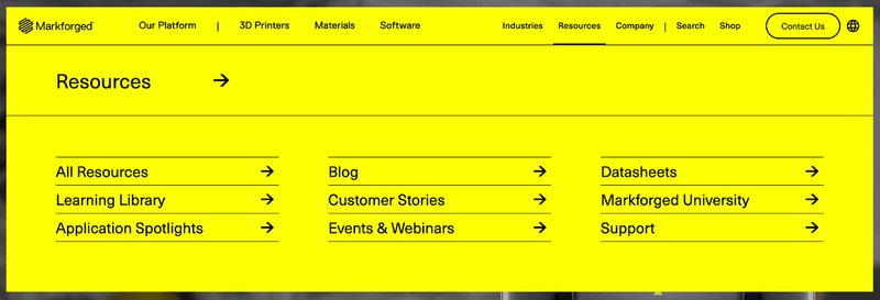navigation menu showing the “Resources” section of B2B company Markforged's website