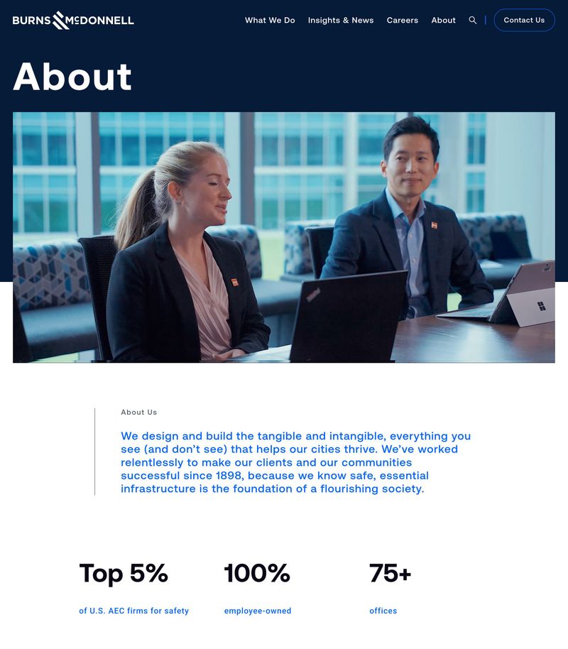 Burns and McDonnell about page showing founding year of 1898 and three prominent stat callouts for Top 5 percent of U.S. AEC firms for safety and 100 percent employee-owned and 75 plus offices