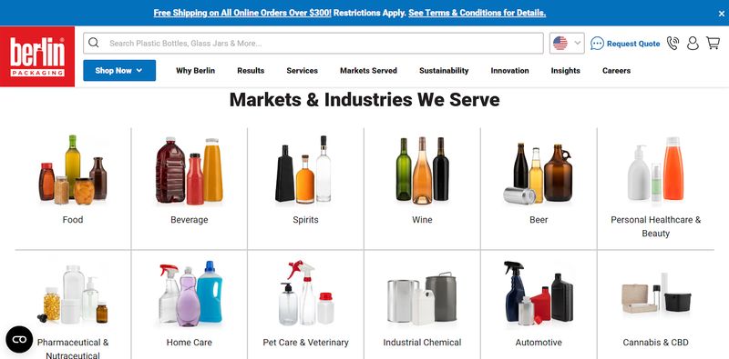 Berlin Packaging's B2B website homepage featuring sticky navigation