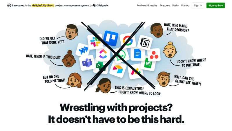 Basecamp homepage hero section with an illustration of frustrated people surrounded by crossed-out app icons and the headline Wrestling with projects It doesnt have to be this hard
