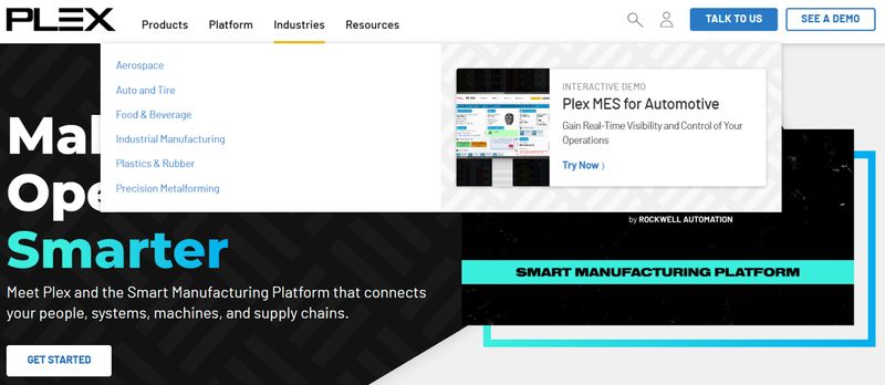 screenshot of B2B smart manufacturing platform Plex's home page showing their expanded "Industries" navigation menu