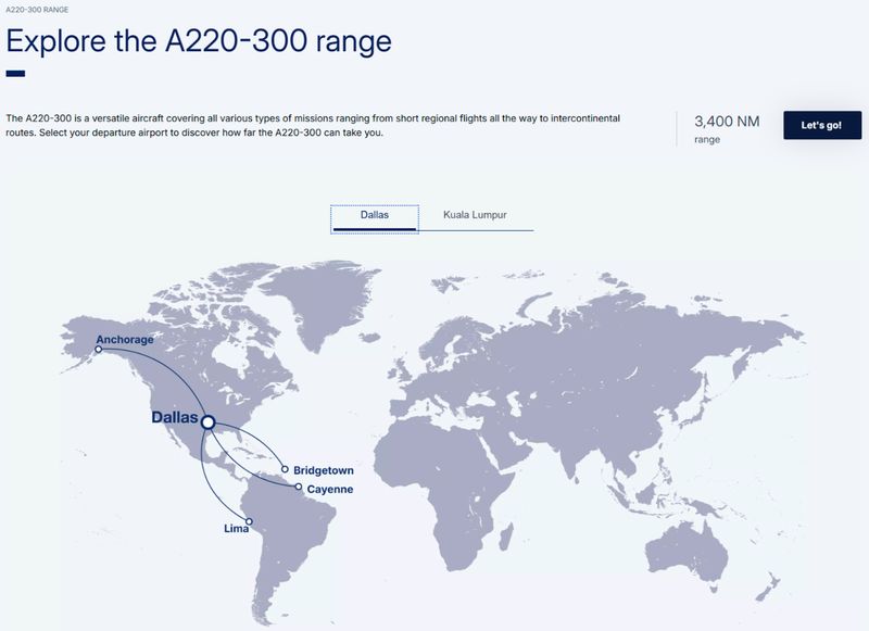 interactive global map featured on Airbus' "A220-300” web page
