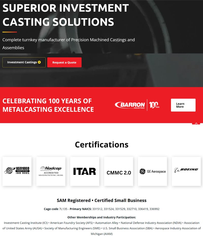 homepage of B2B manufacturer Barron Industries featuring industry badges and certifications