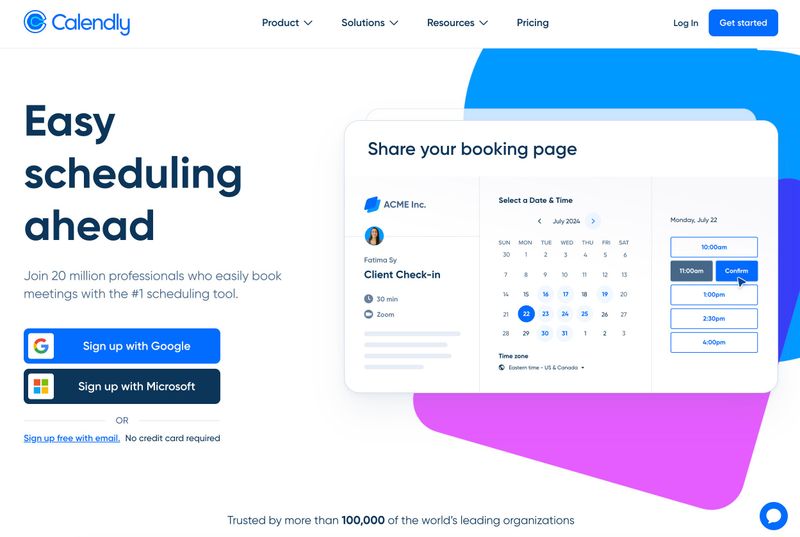 Calendly homepage hero section with a direct three-word headline, social proof text, sign-up buttons, and product interface preview.