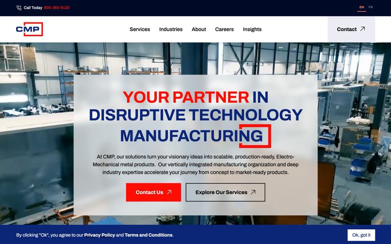 CMP manufacturing website homepage showing cookie consent banner with privacy policy link and acceptance button