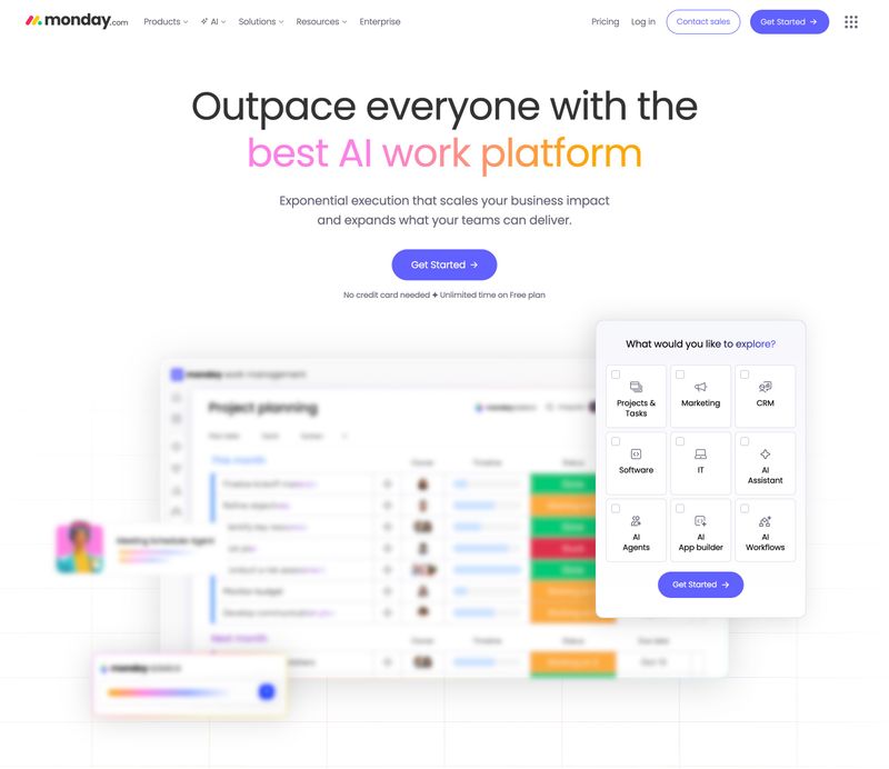 Monday.com homepage hero section with an outcome-focused headline, supporting text, call-to-action button, and product interface preview.