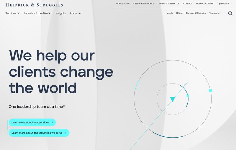 Heidrick & Struggles homepage hero section showing an outcome-focused headline with abstract geometric graphics and dual call-to-action buttons.
