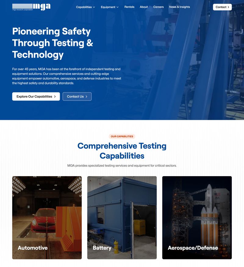 MGA Research Corporation homepage showing a clear value proposition about pioneering safety through testing and technology with organized service categories for automotive, battery, and aerospace defense testing