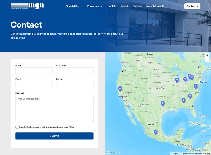 MGA Research Corporation contact page with form fields for name, company, email, phone, and message alongside a locations map